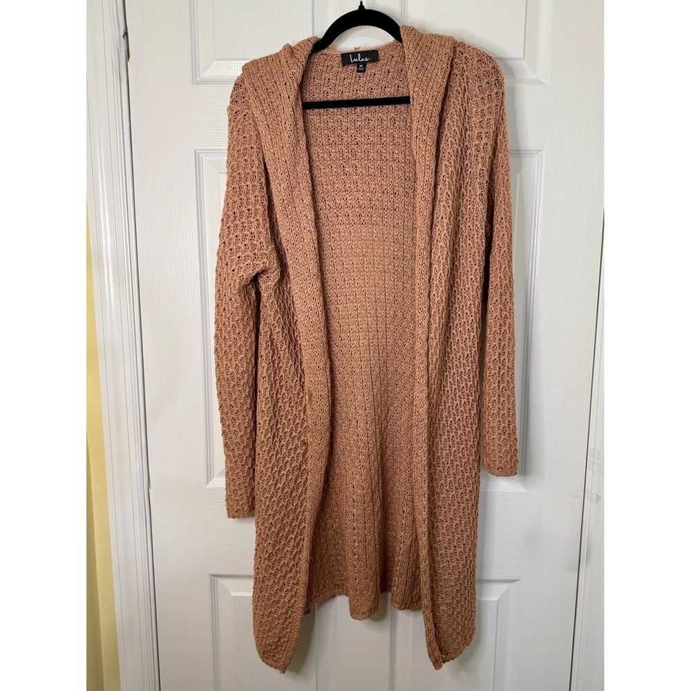 Lulus Crochet Longline Cardigan Women M‎ Tan Excellent Hooded Boho Open Knit